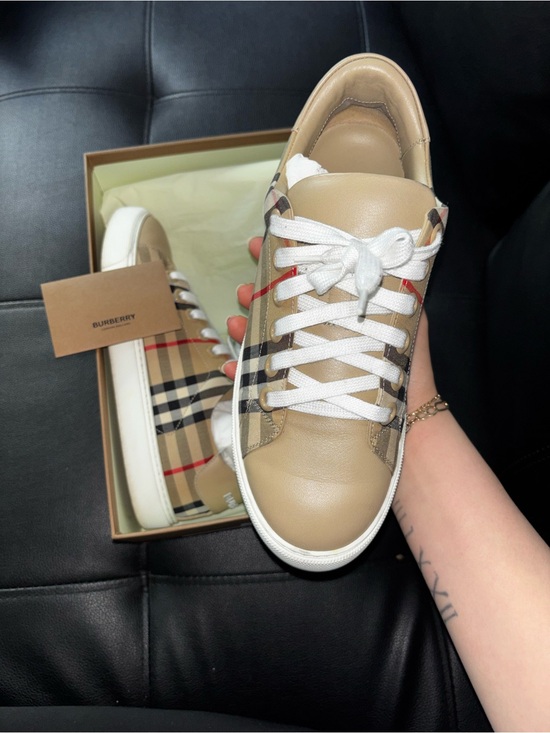 Burberry Shoes - Burberry Beige Leather Sneakers with Signature Check Panels